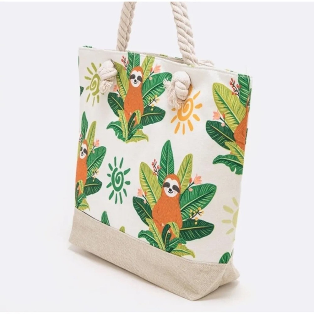 Tropical Sloth Canvas Tote Bag Beach Travel Summer Zip Top Cute NWT - Picture 3 of 5